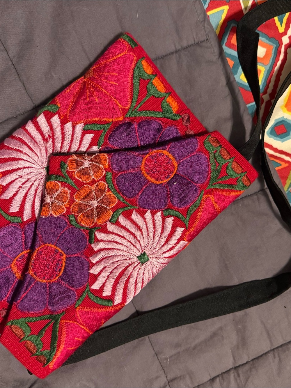 Embroidered Floral Crossbody Clutch — Red & Purple